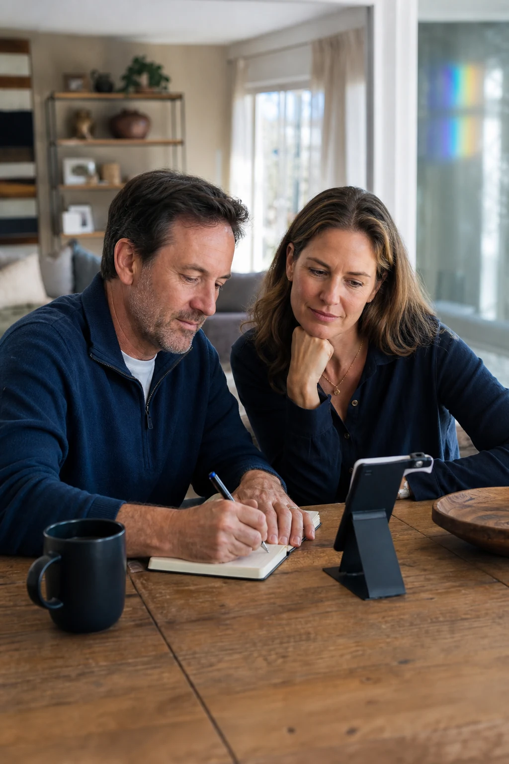 A couple reviewing their notes during a call with an advisor