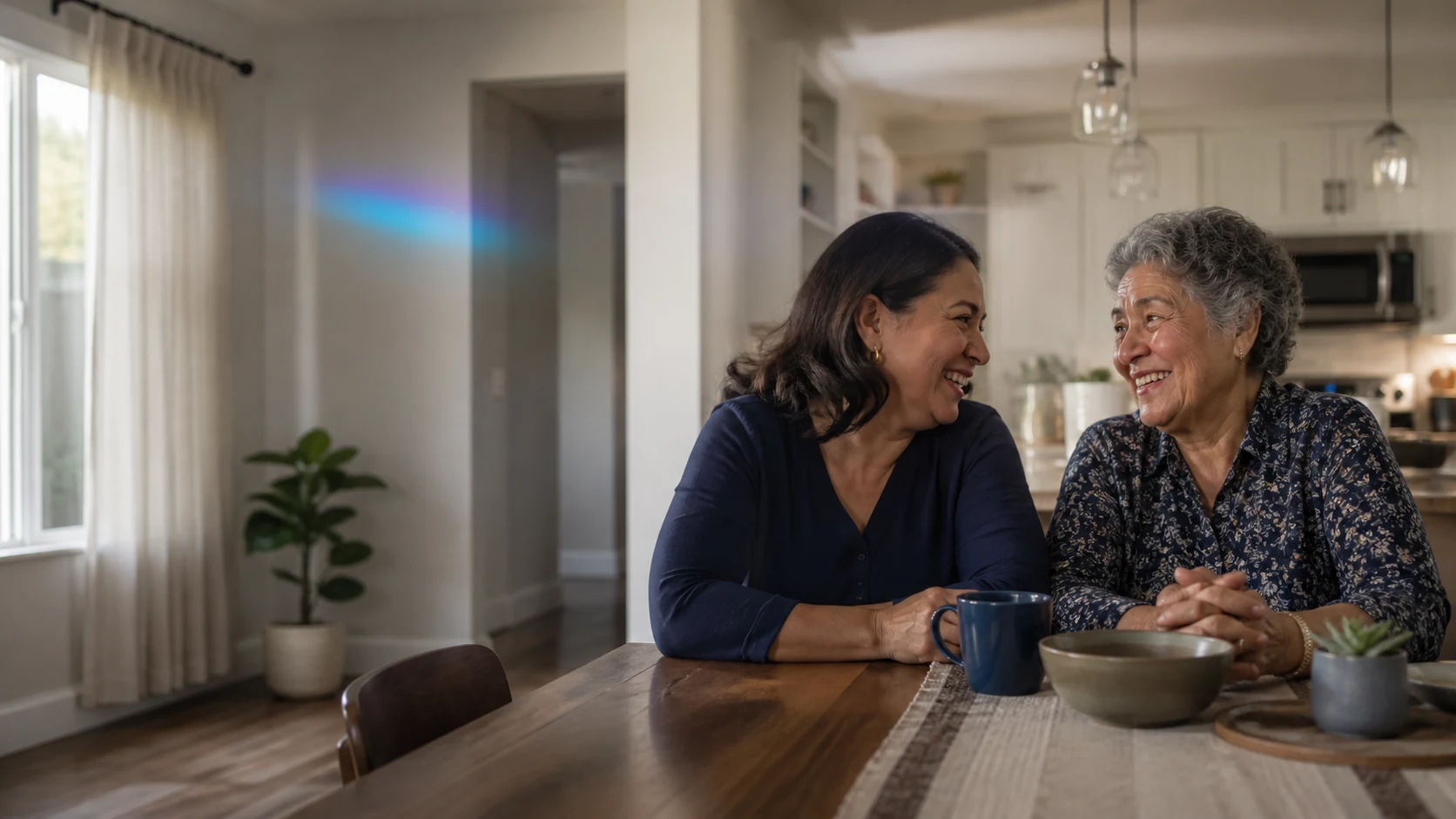 A mother and adult daughter talking together at the kitchen table